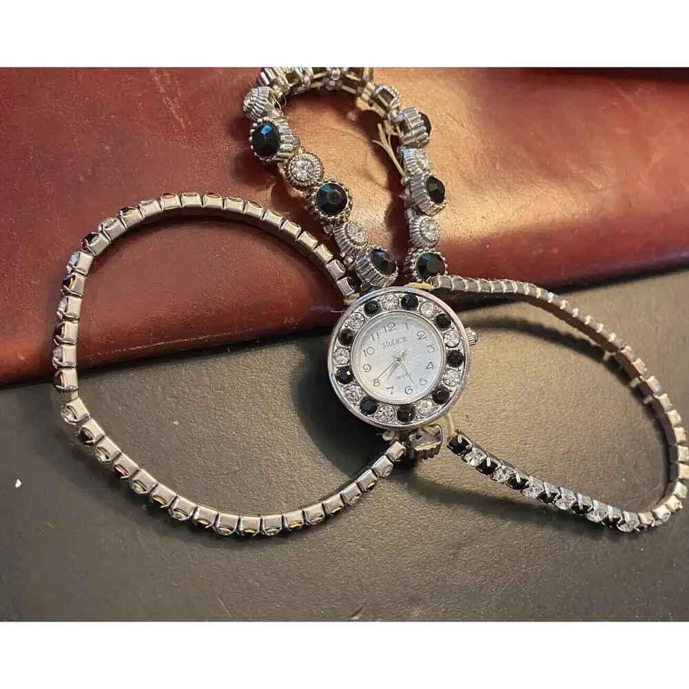 Women's 25mm Silver Tone Studio Time Watch, Triple Strand Accented with Beads